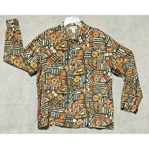 Vintage Stunt Long Sleeve Button Up Silk Shirt Tribal Aztec African Womens L